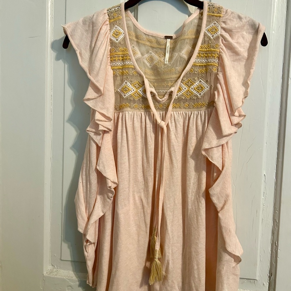 NWOT Free People Embroidered Pink Ruffle Top